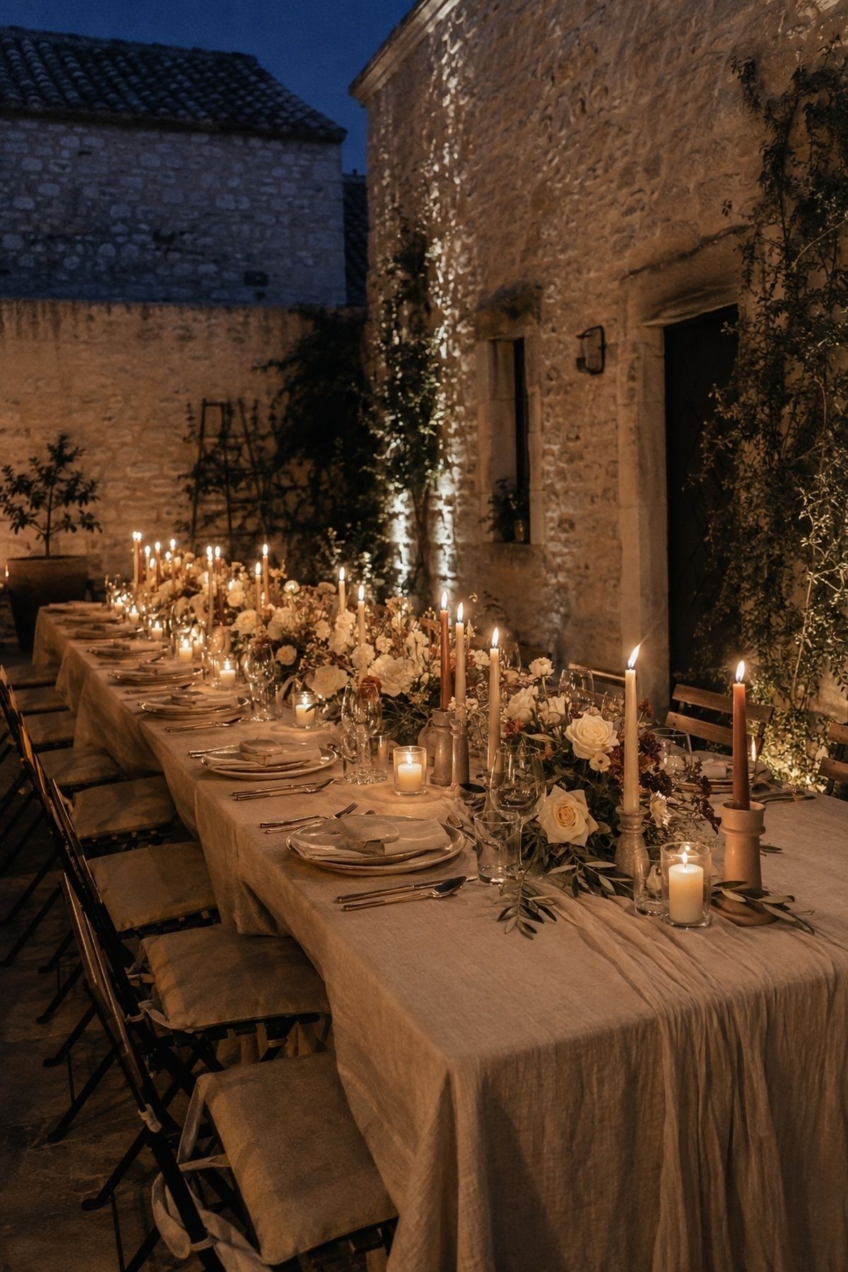 Candlelit courtyard wedding meal