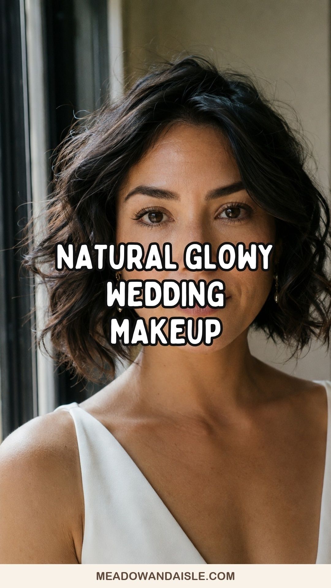 Natural glowy wedding makeup pin with bridal portrait and Meadow and Aisle branding