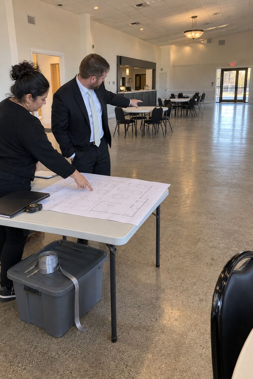 A coordinator and groom compare a floor plan with an undecorated hall before any sparkle is installed.
