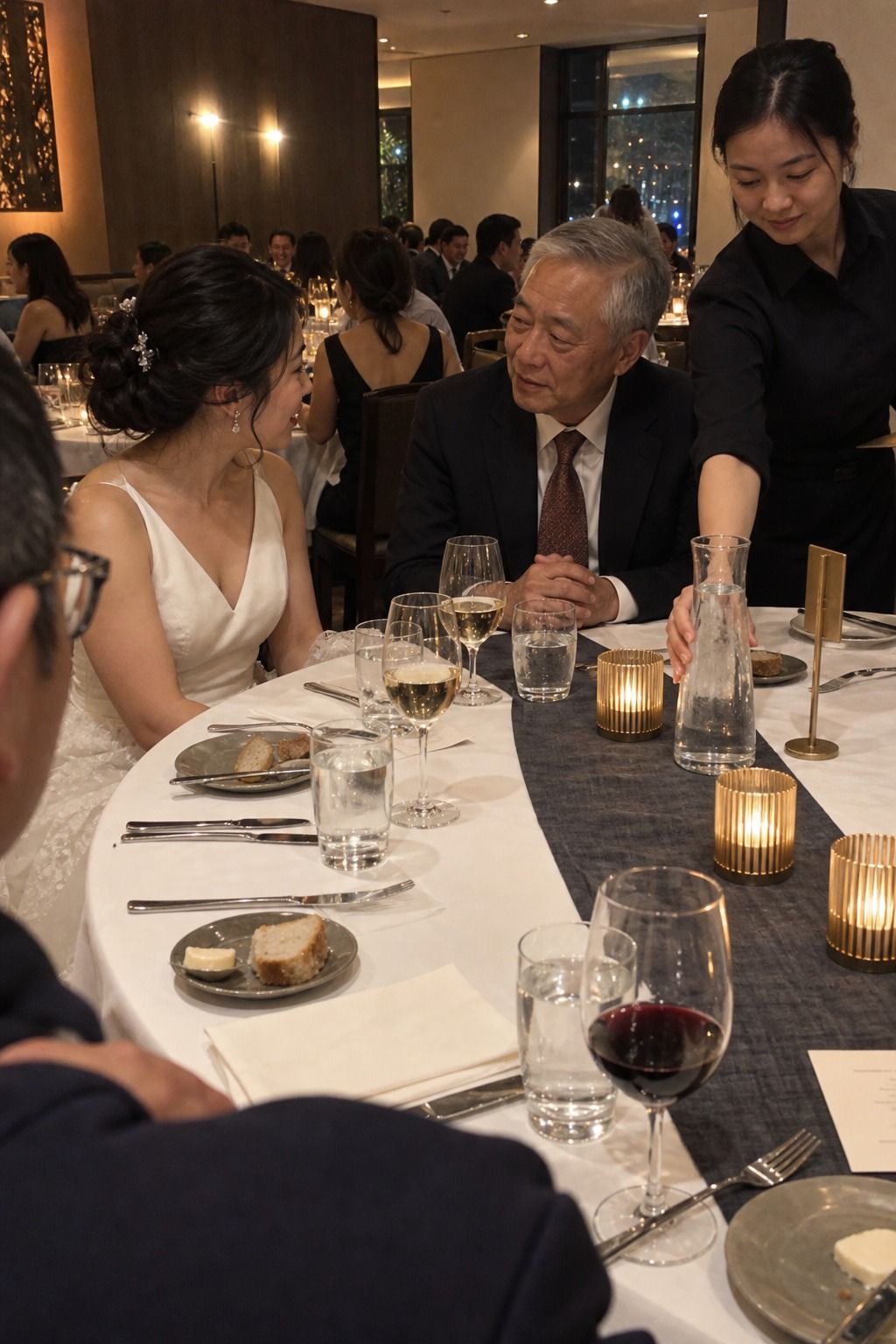 A bride and her father converse while a server uses a broad open tabletop landing gap among low protected lights and practical place settings.
