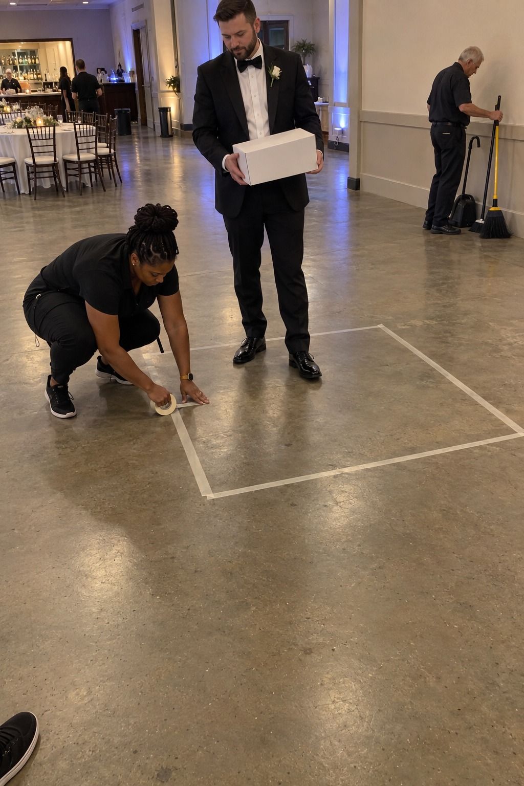 A coordinator tapes a compact cleanup rectangle on the dance floor while a groom holds a closed streamer box and a janitor stages cleanup tools.