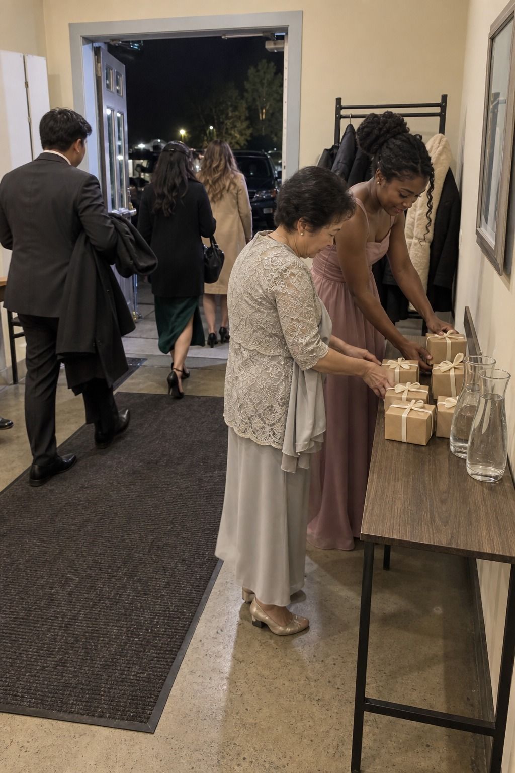 An aunt and bridesmaid arrange six unmarked kraft favors and two plain water carafes beside the coat rack and open exit.