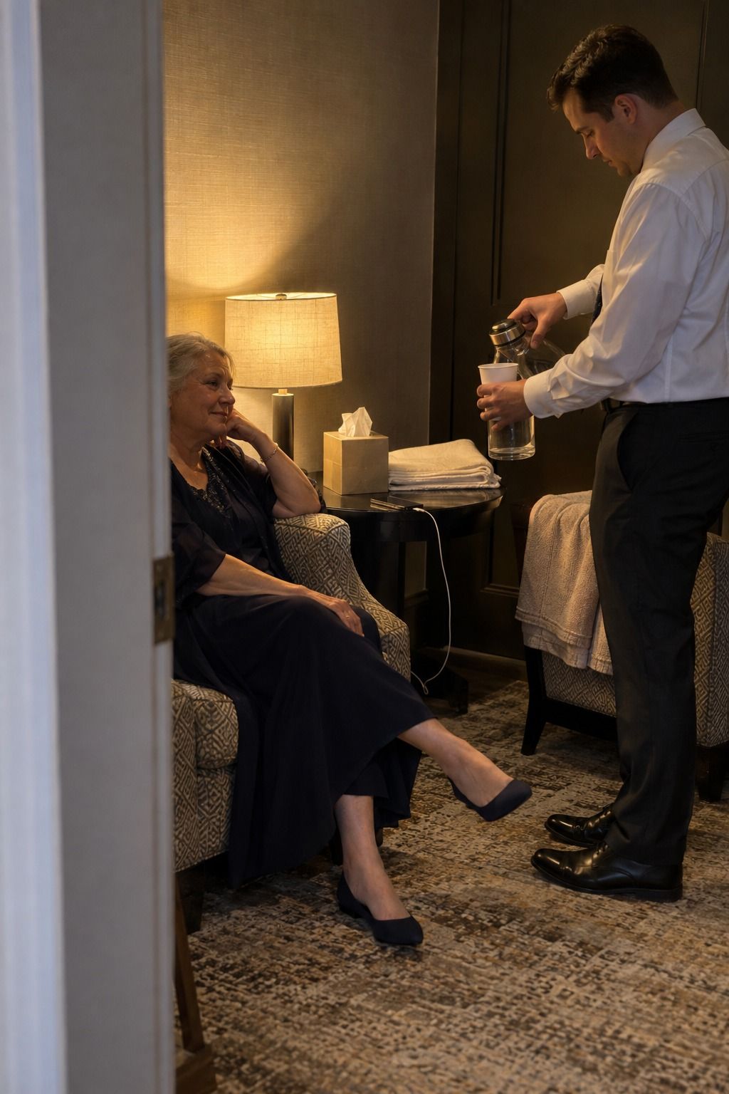An older guest rests while a friend pours water in a quiet lamp-lit corner stocked with tissues, linen, and a charging cable.