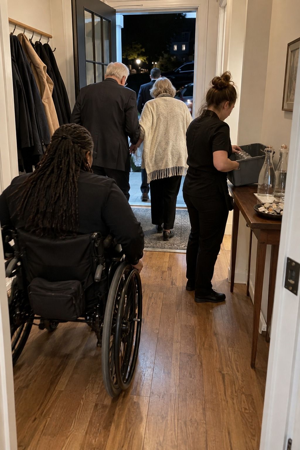 A wheelchair user and older couple follow a wide lit exit route while a coordinator collects empty glasses at a wall-side table.