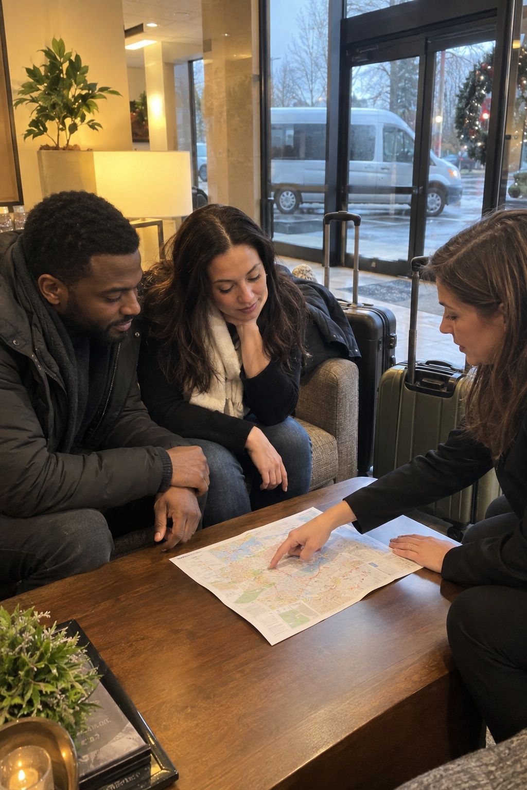 A couple and hotel coordinator choose one winter hotel as their wedding shuttle home base.