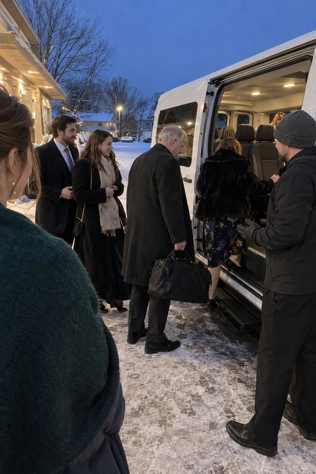 Mixed-age wedding guests board a winter shuttle while a coordinator checks real loading needs.