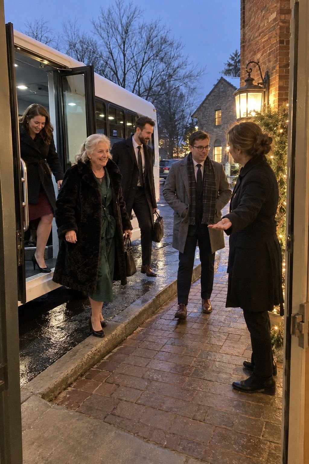 Winter wedding guests step from a pre-ceremony shuttle into a small venue calmly.