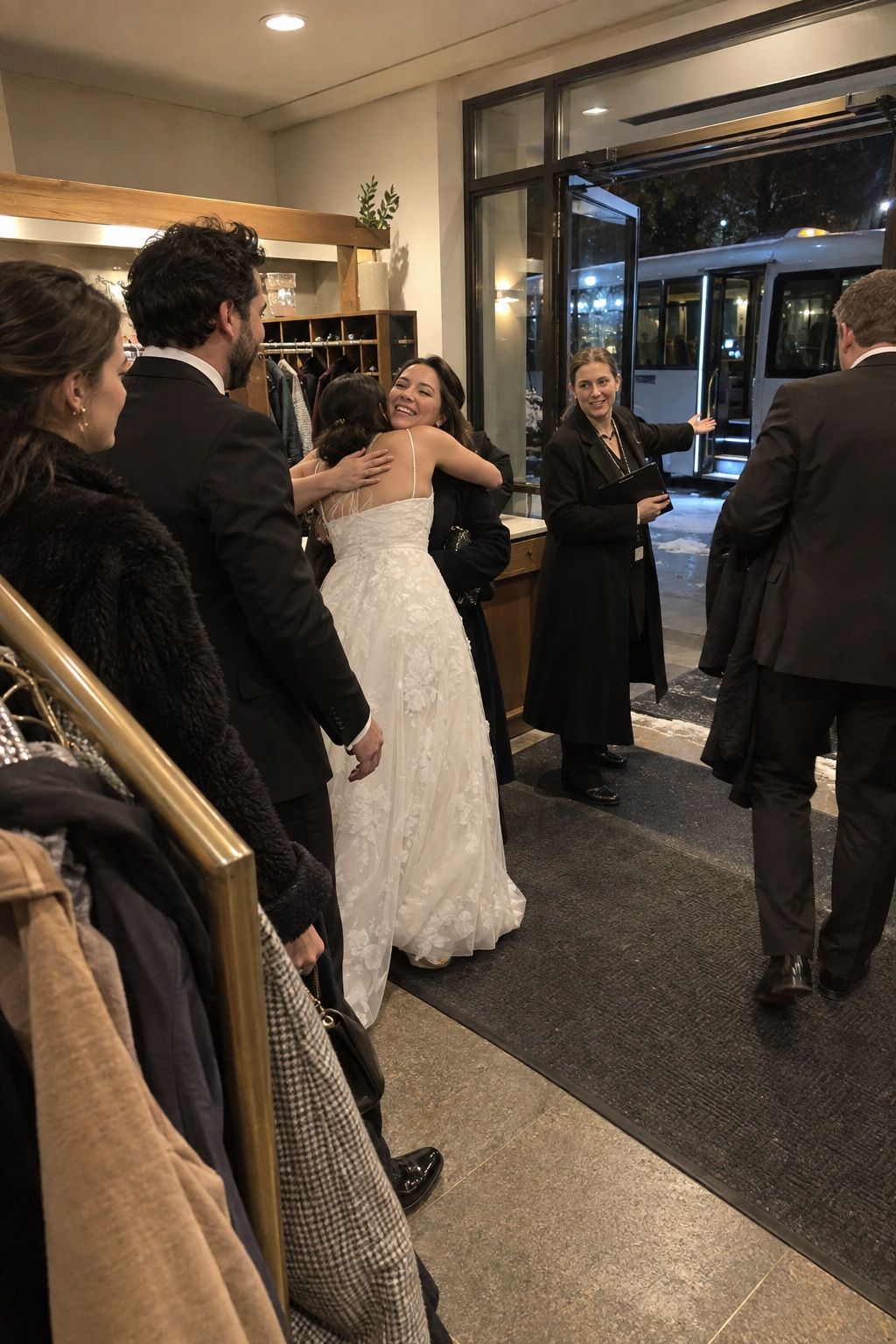 Wedding guests move from coat check toward a waiting shuttle after the midnight celebration.