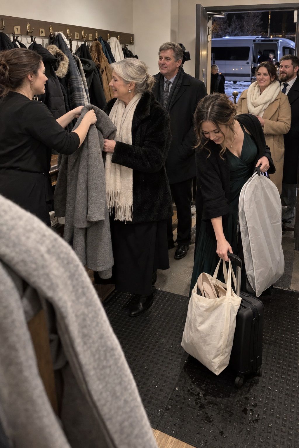 Winter wedding guests gather coats, changed shoes, and luggage before boarding their shuttle.