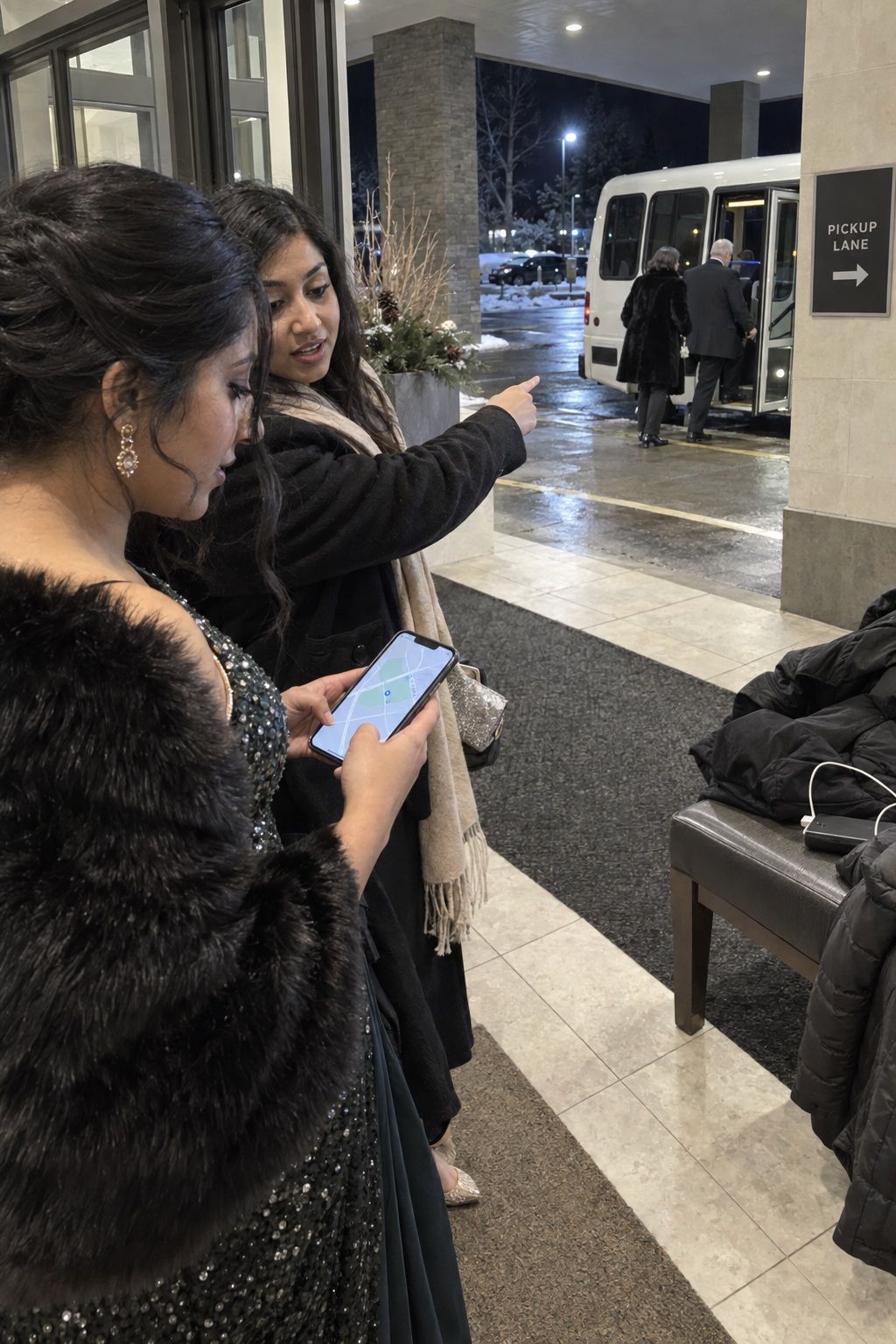 A wedding guest checks a map-based ride backup while others board the planned hotel shuttle.