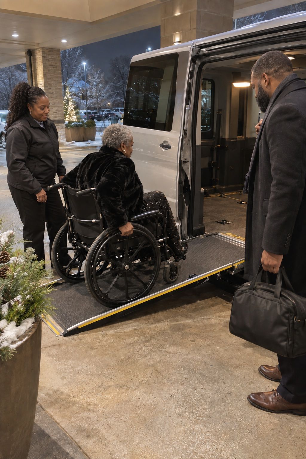 An older wedding guest uses a safely deployed wheelchair ramp to board an accessible van.