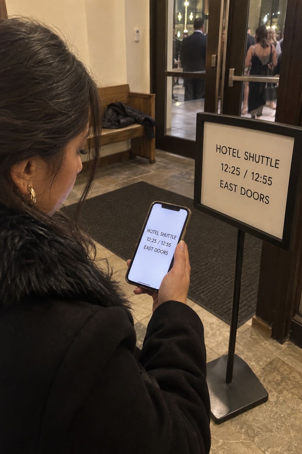 A guest confirms the same short hotel shuttle schedule on her phone and the venue exit sign.
