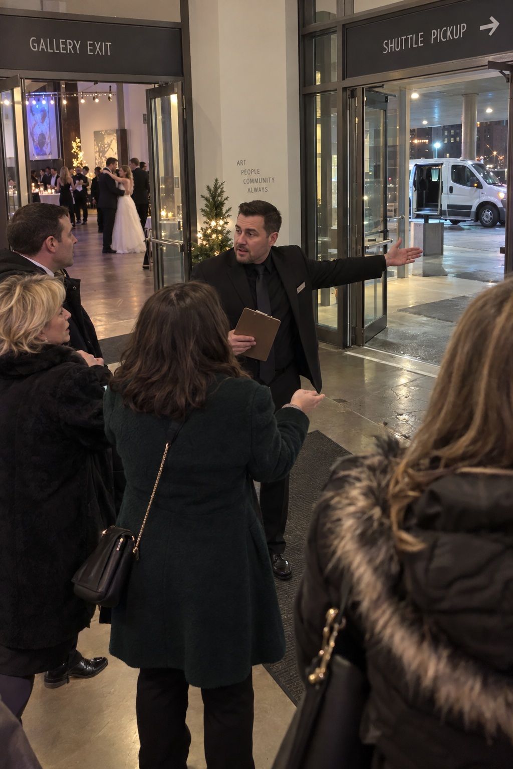A venue manager directs confused wedding guests toward the visible shuttle pickup before midnight.