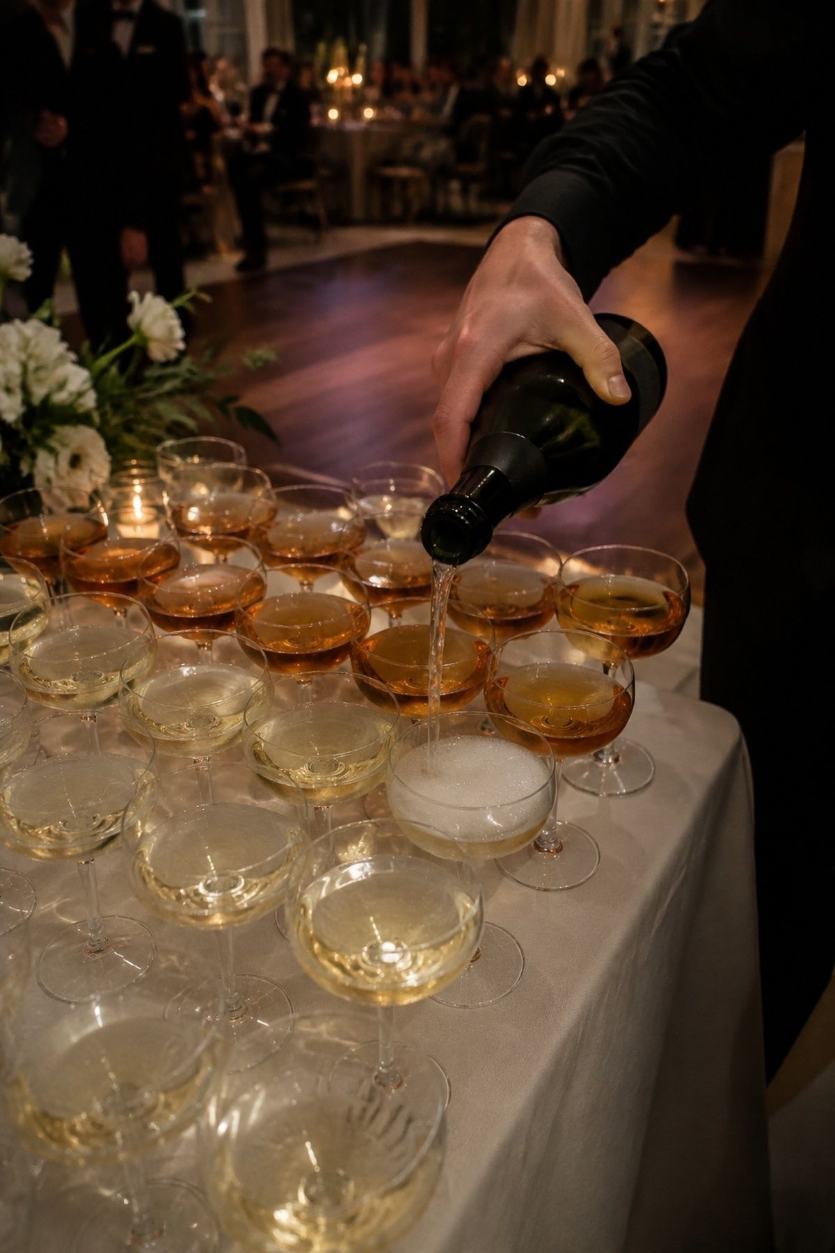 Champagne glasses poured ahead of midnight