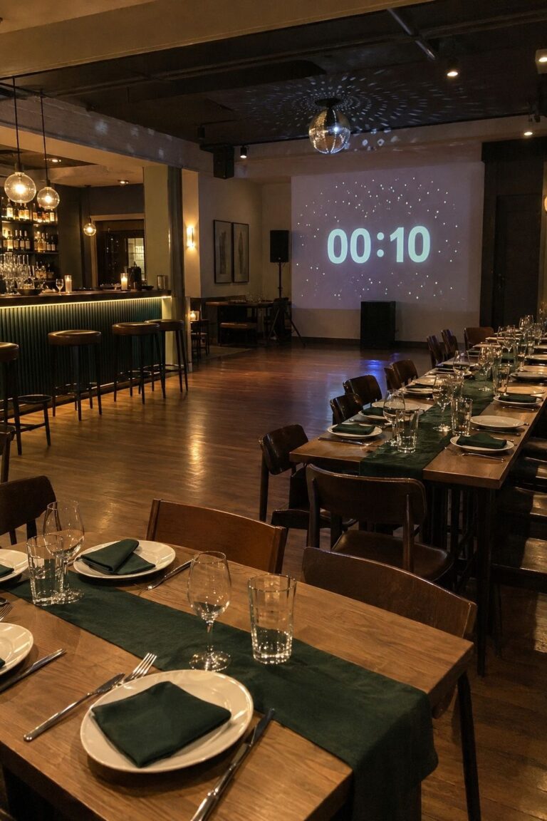 One private dining room holds the dinner tables, small bar, dance floor, and countdown sightline together