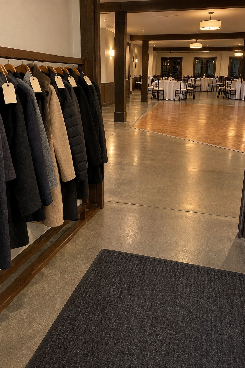 A tidy coat rail and nonslip mat mark a clear route around the dance floor