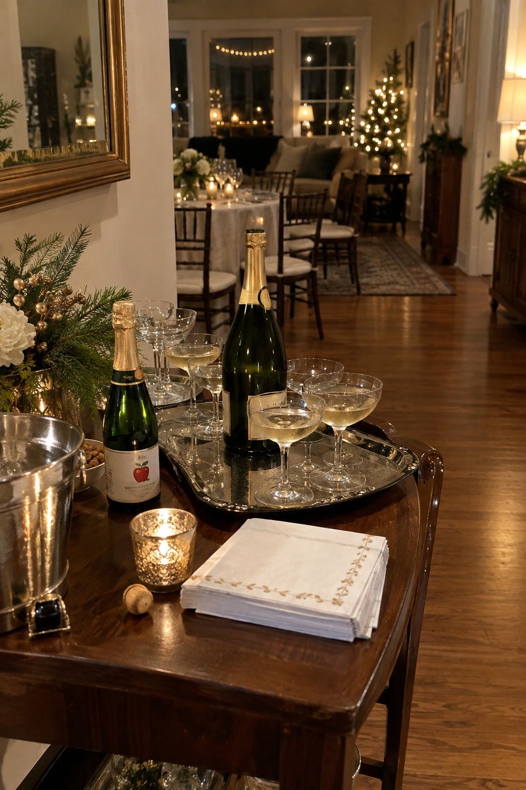 A modest visible side table holds coupes, champagne, sparkling cider, and controlled service trays