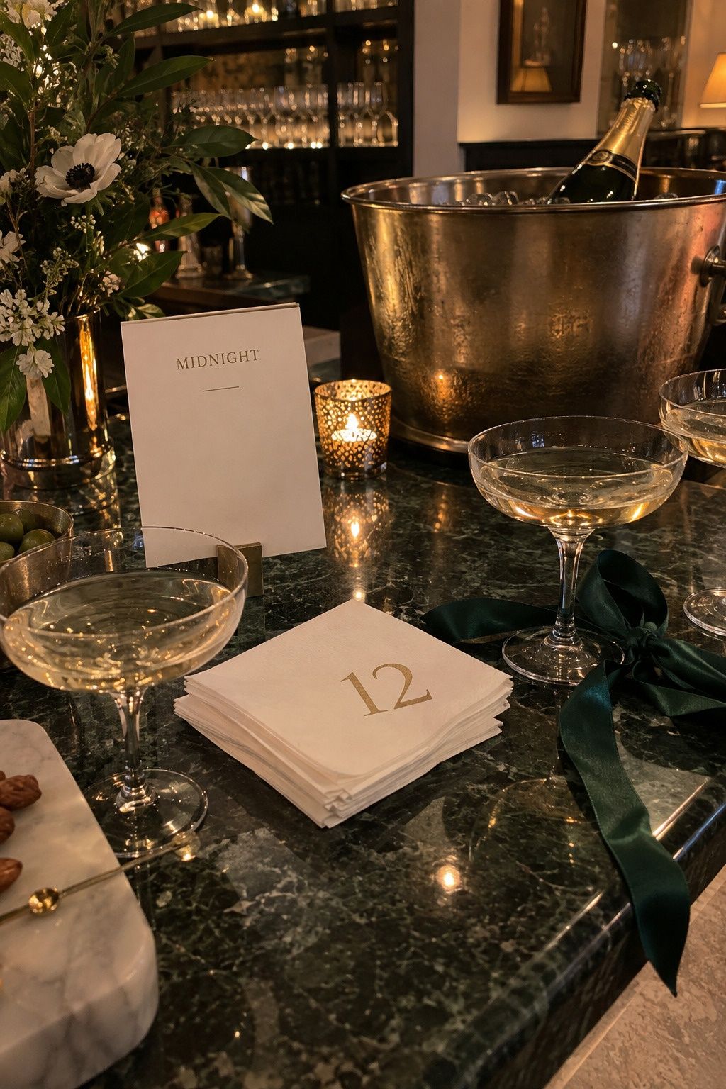 A restrained cream cocktail-napkin stack and simple midnight menu anchor one bar pause point