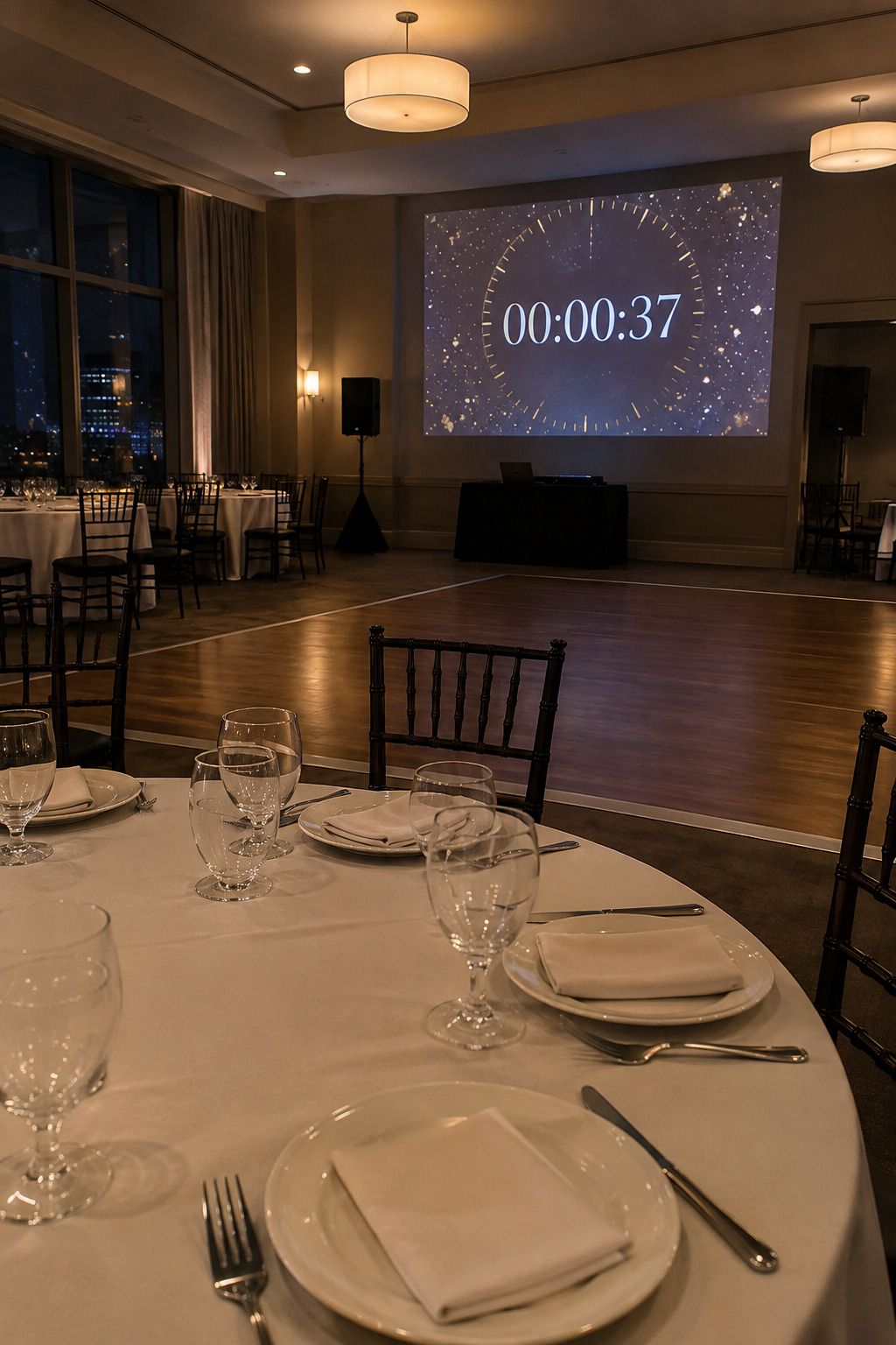 From a far dinner seat, a large projected countdown is fully visible across the clear room, with no botanicals or flame