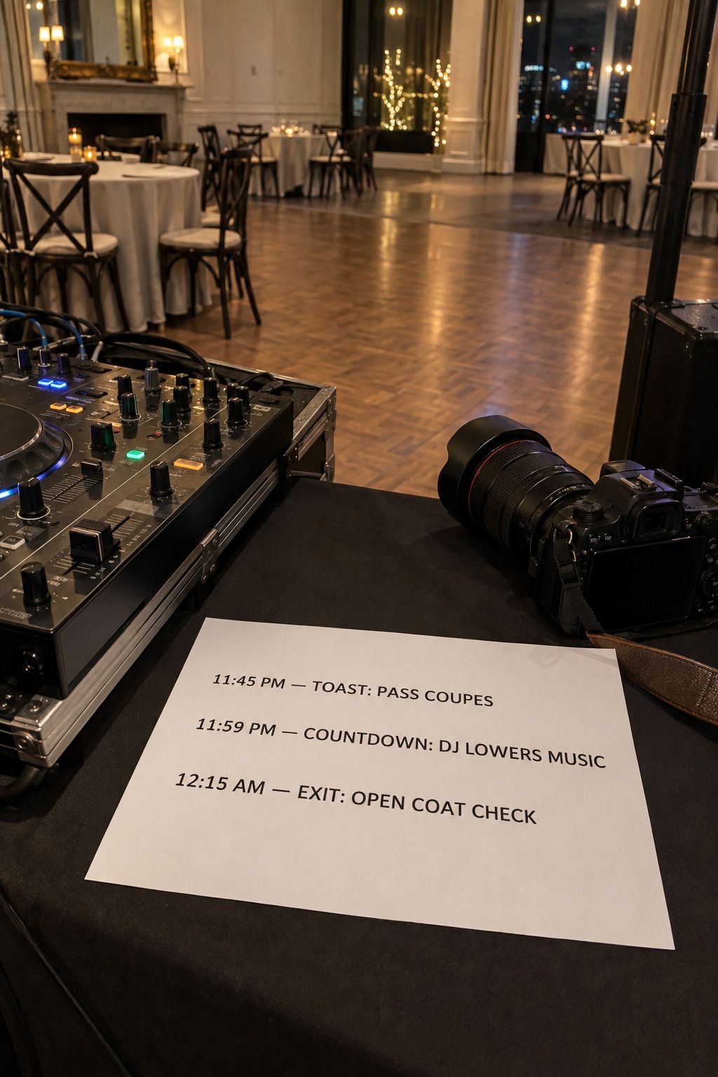 A finished shared cue sheet beside the DJ mixer and camera names 11:45 PM toast service, 11:59 PM countdown music, and 12:15 AM coat-check exit