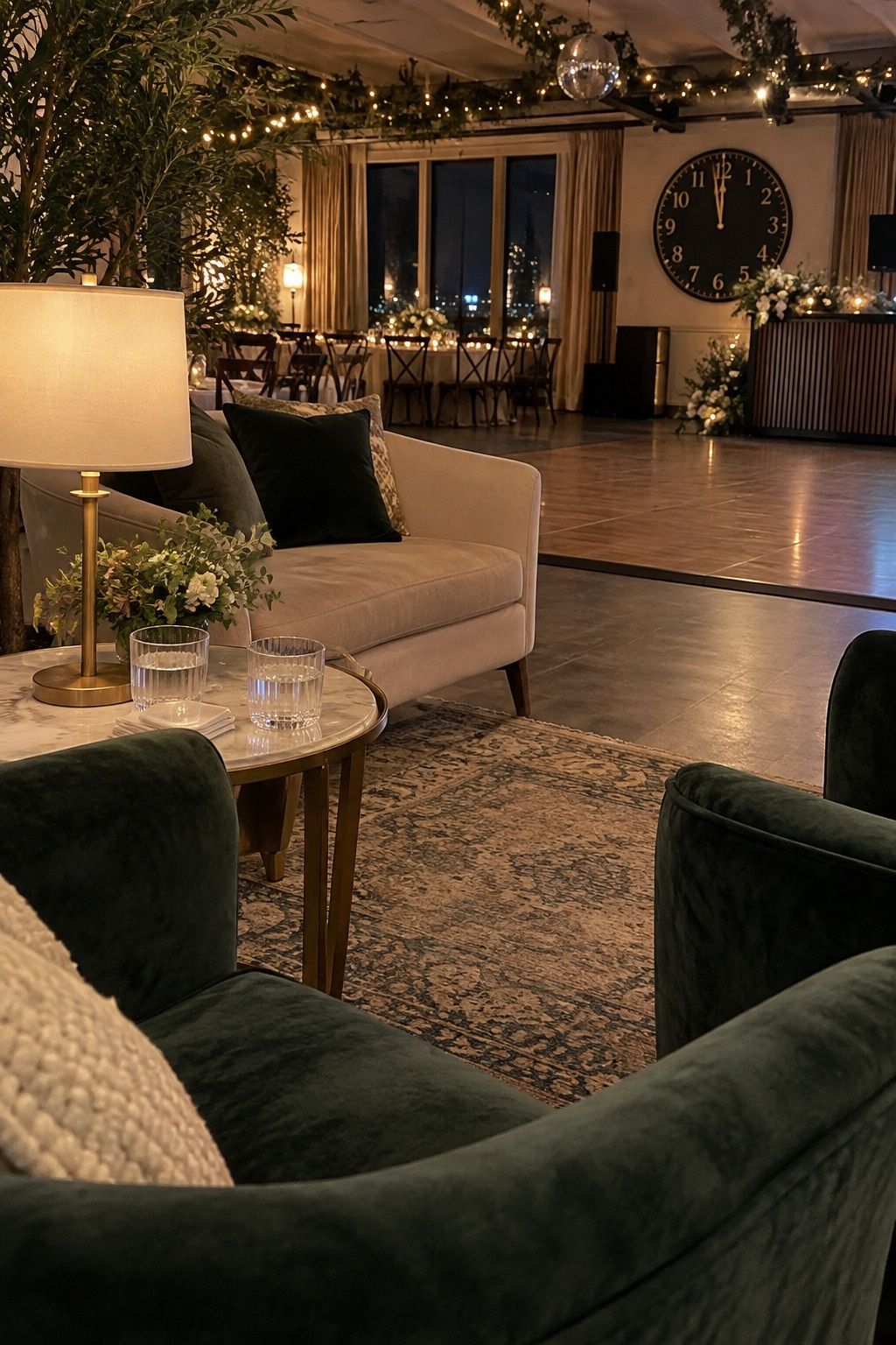 A compact lounge with a lamp stays open to the dance floor and countdown clock