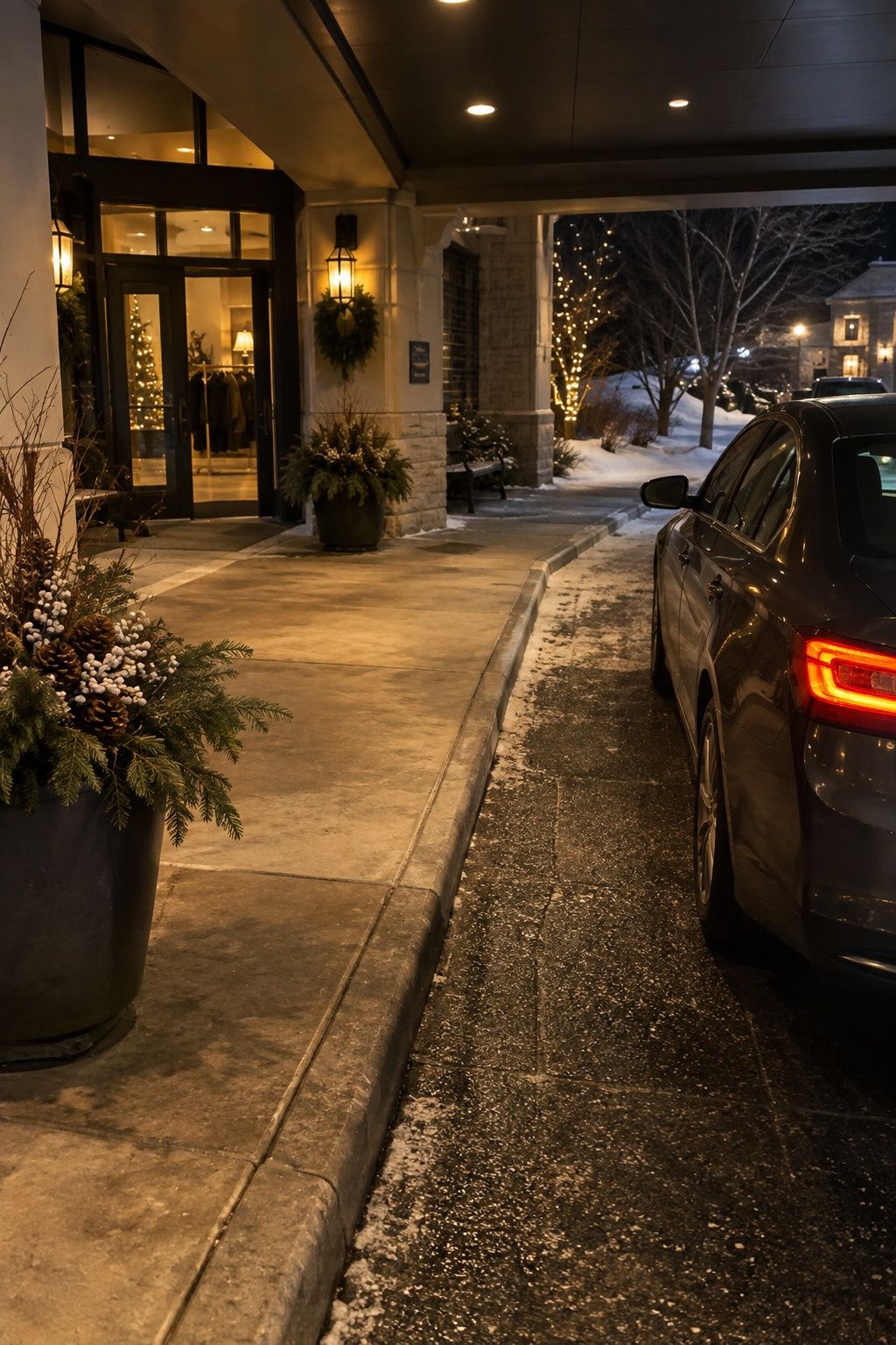 A lit covered winter pickup curb is beyond the reception entrance, with a clear waiting path