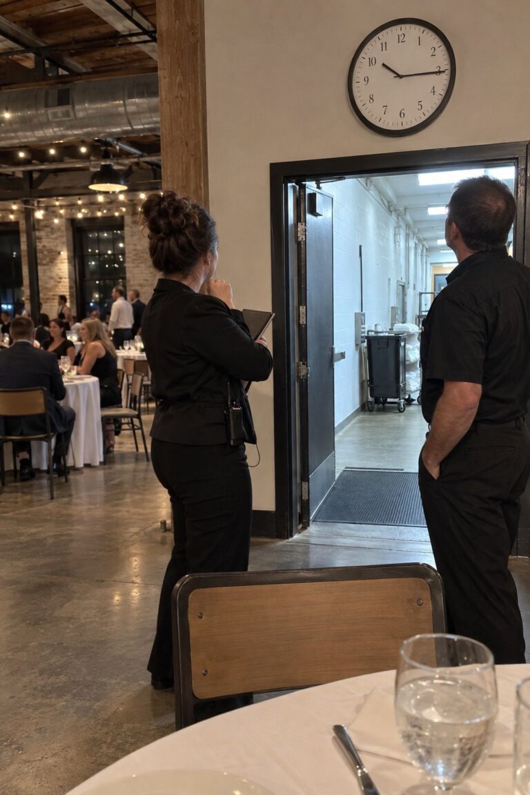A wedding coordinator and venue manager check the clock and service doorway during a reception.
