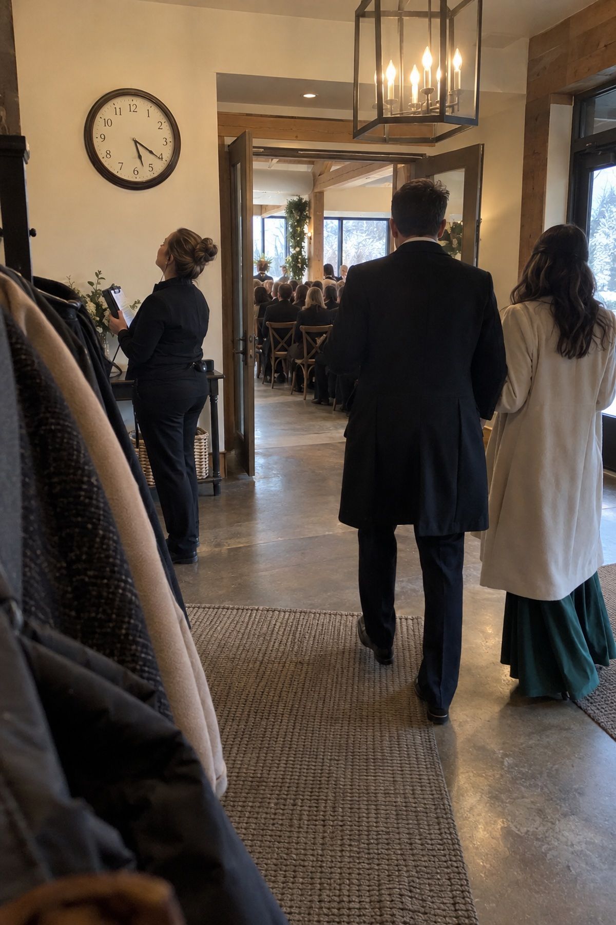 A coordinator checks the clock as winter wedding guests arrive just before the ceremony.