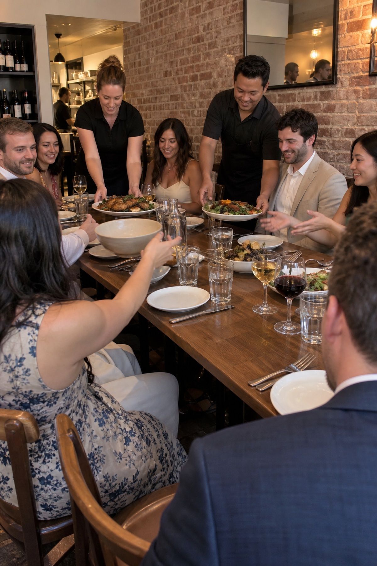 Servers place family-style platters as guests make room at an intimate restaurant wedding dinner.