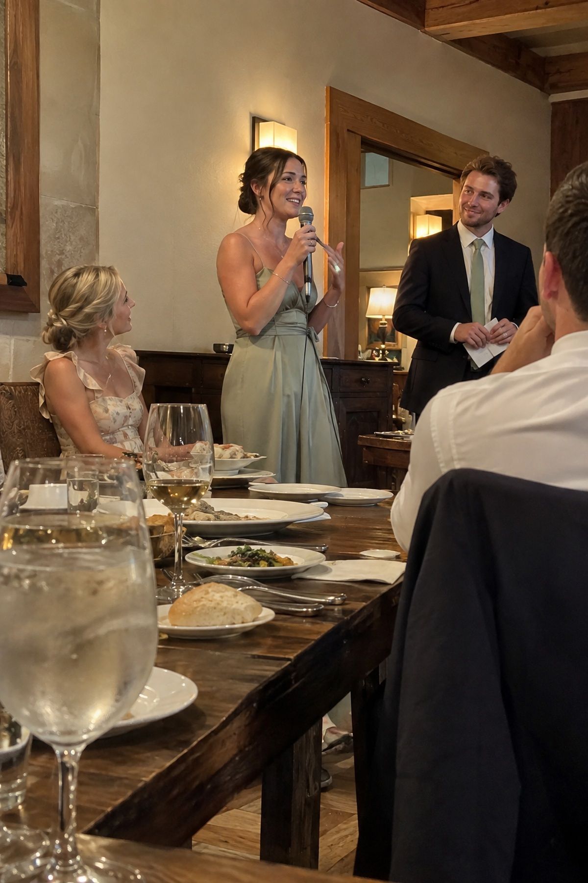 One sibling gives a brief dinner toast while the next speaker and emcee wait nearby.