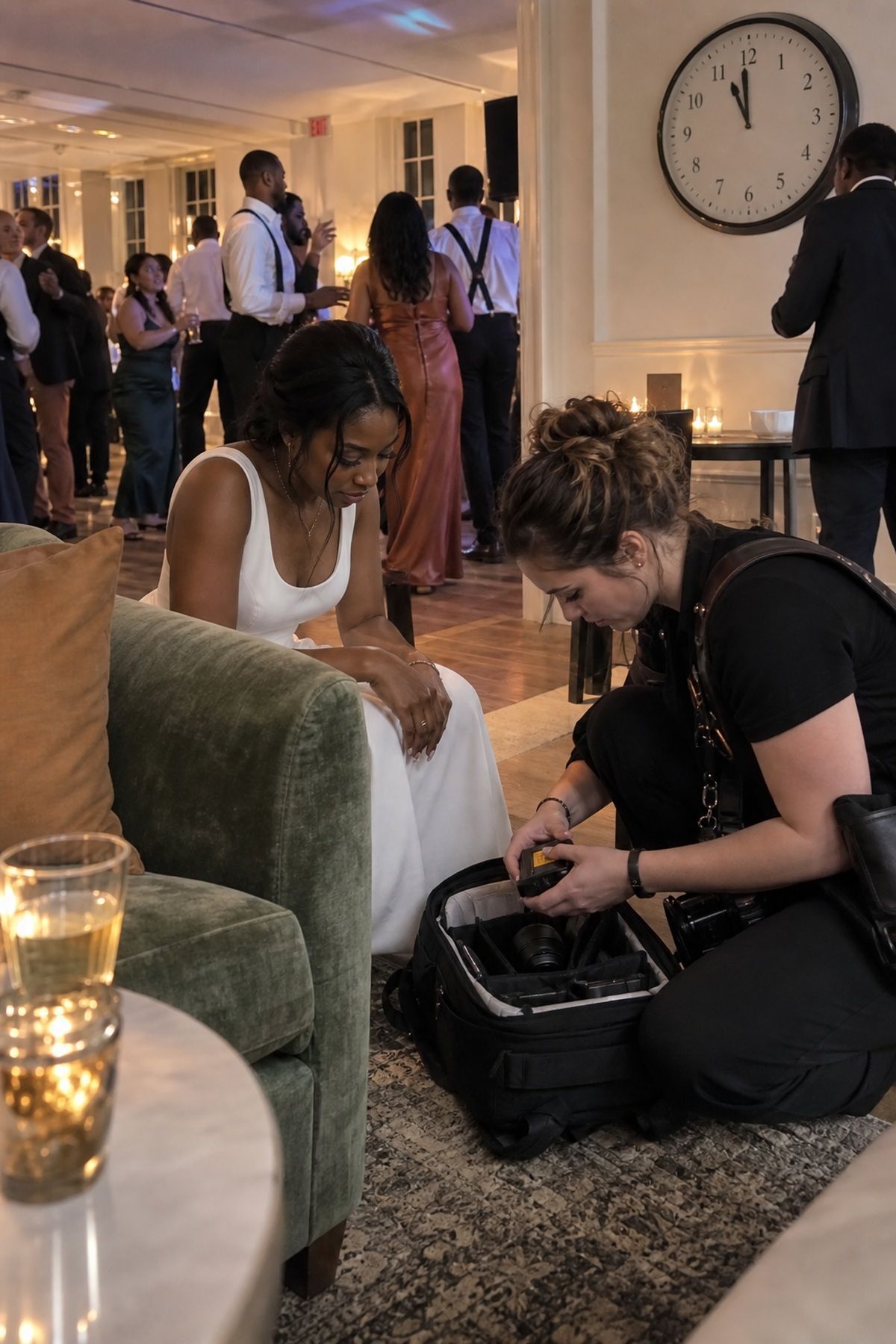 A bride and photographer check camera batteries before the midnight portion of the reception.