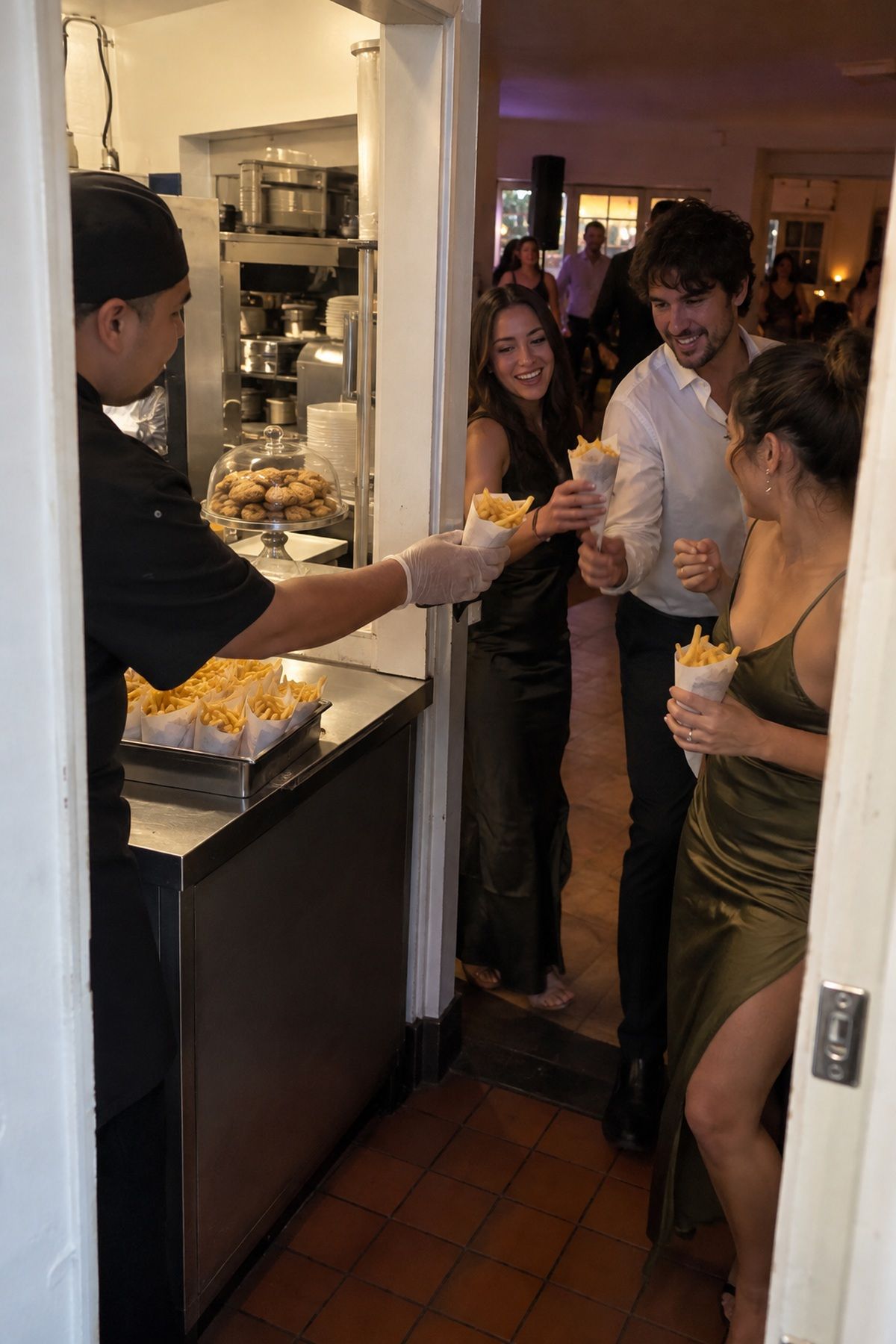 A kitchen worker passes cones of fries to guests after midnight while cookies stay covered behind the counter.
