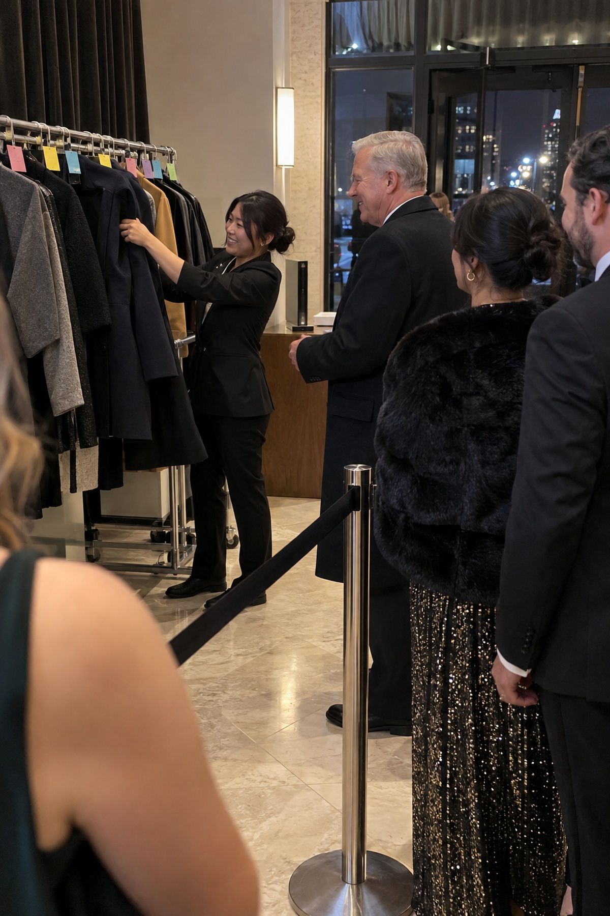 A coat check attendant retrieves a guest’s wool coat while a short queue waits after midnight.