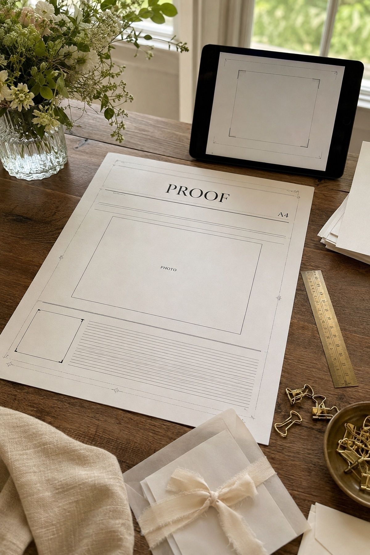 Wedding newspaper booth proof page with A4 layout, photo window, paper stack, ruler, clips, and flowers