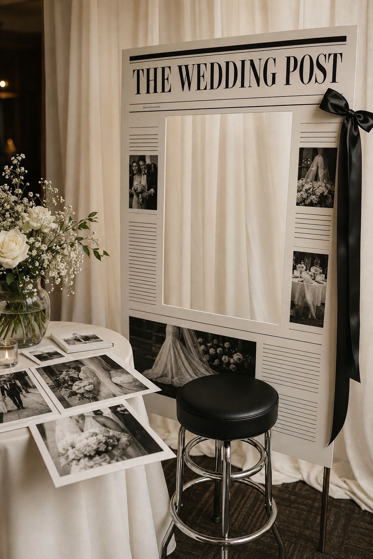 Black and white newspaper photobooth styling with ivory backdrop, dark masthead, chrome stool, ribbons, and flowers
