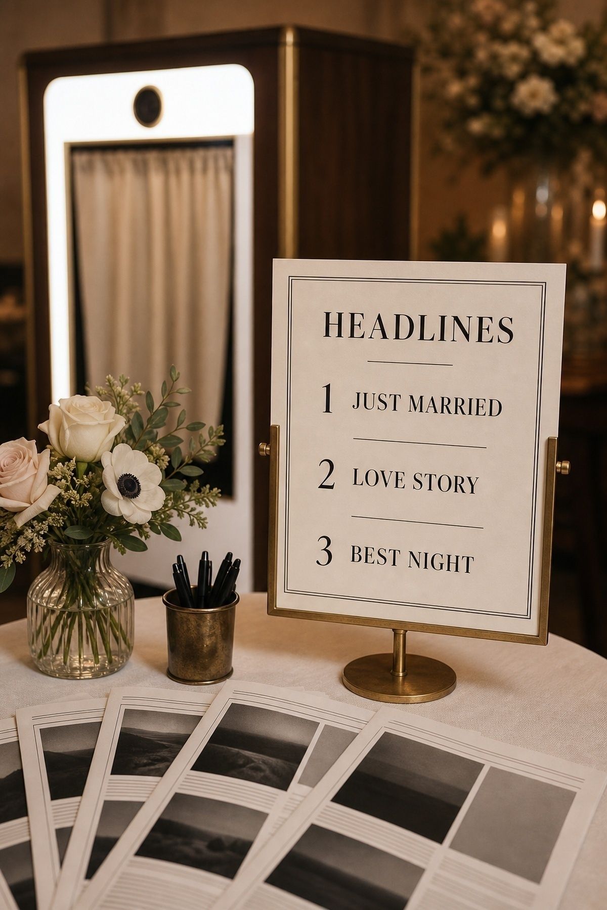 Wedding newspaper photobooth headline menu with Just Married, Love Story, and Best Night choices