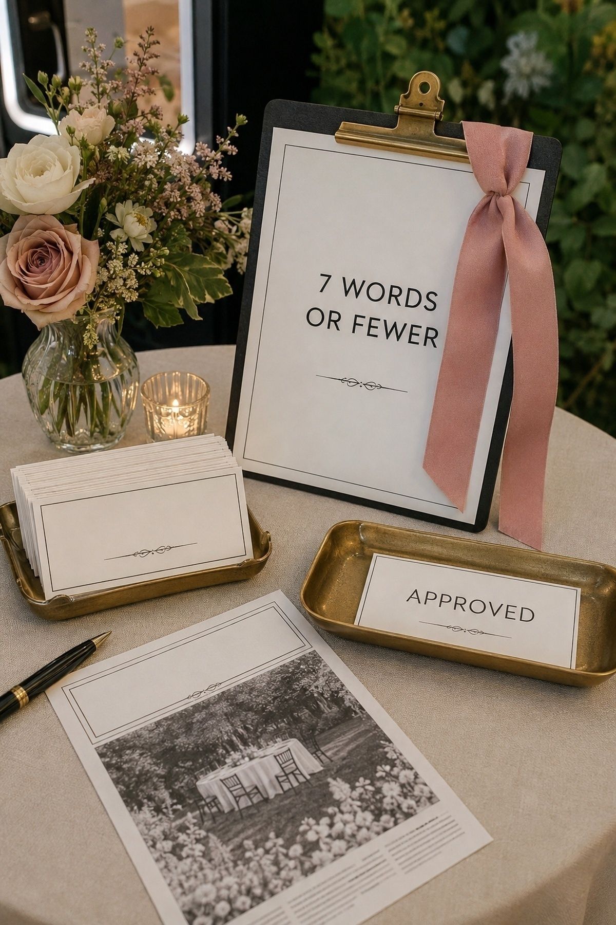 Guest-written wedding newspaper headline prompt cards with approved tray, pen, flowers, and sample front page