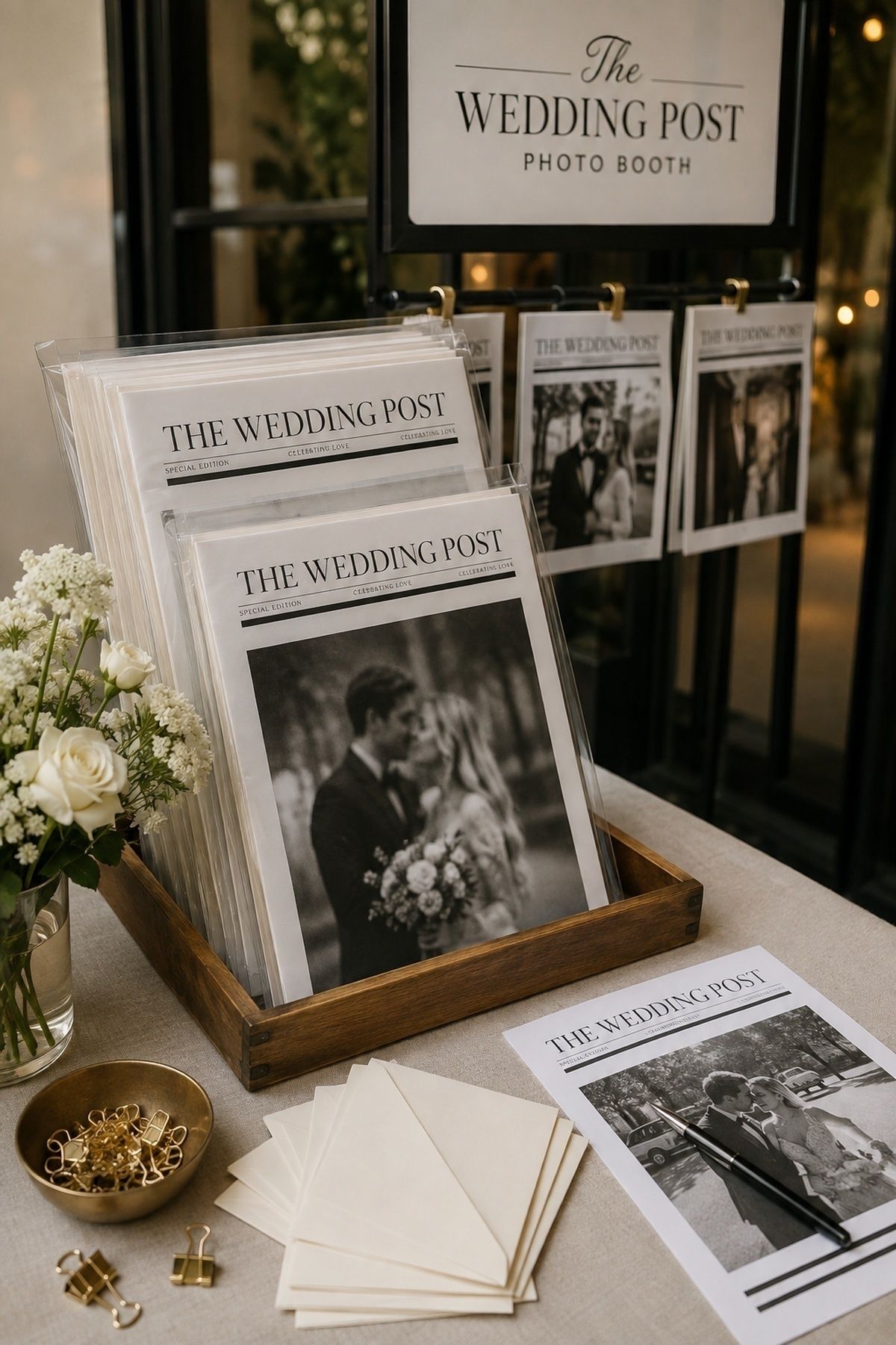 A4 wedding newspaper photobooth pages stacked in sleeves with tray, envelopes, clips, and flowers