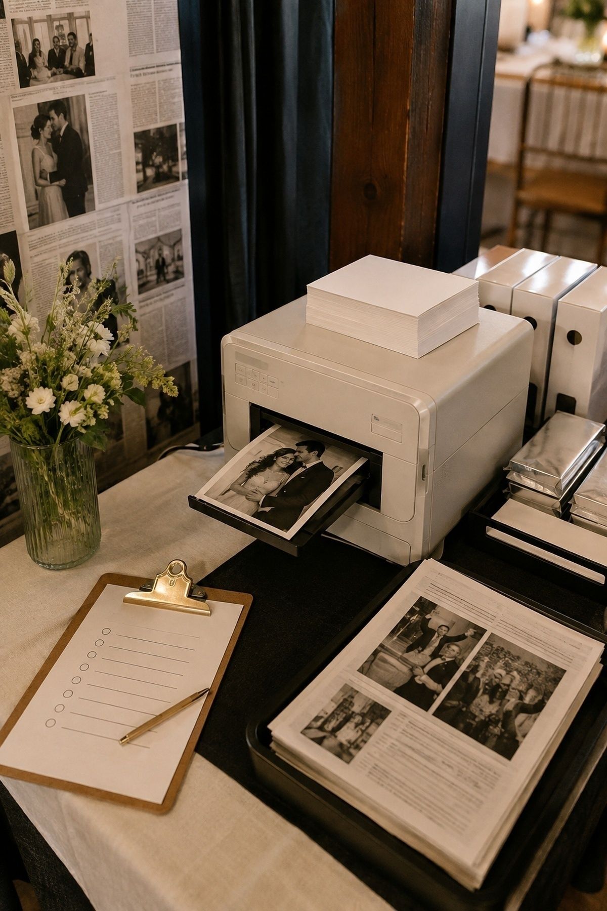 Wedding newspaper photobooth printer station with paper stack, checklist, finished print tray, and spare supplies