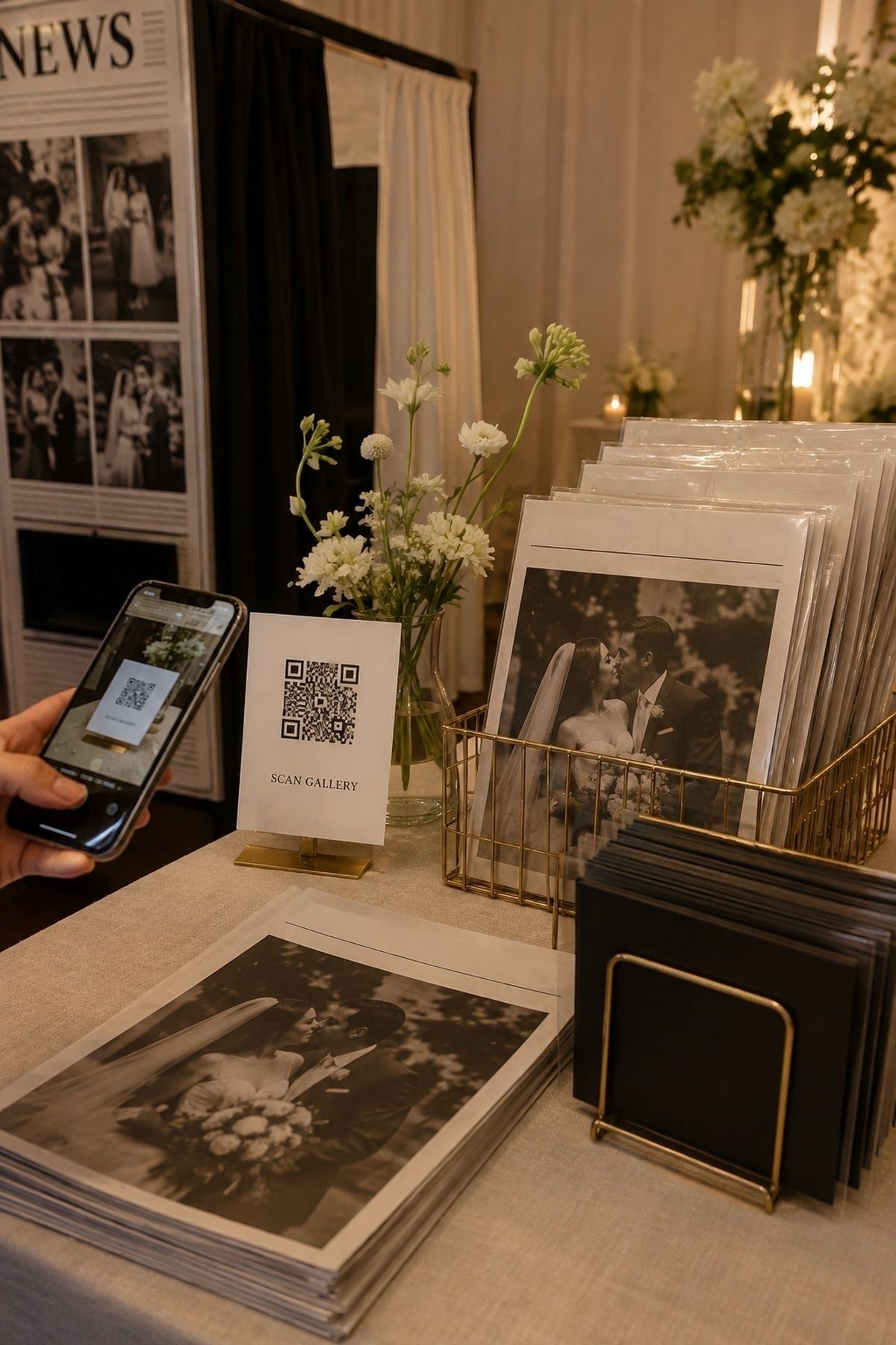 Wedding newspaper photobooth QR gallery card with takeaway sleeves, guest book divider, phone, and printed pages