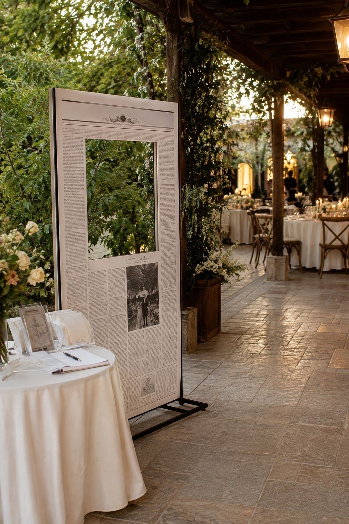 Inviting newspaper photobooth placed near a covered terrace reception with space for guests and a guest book table