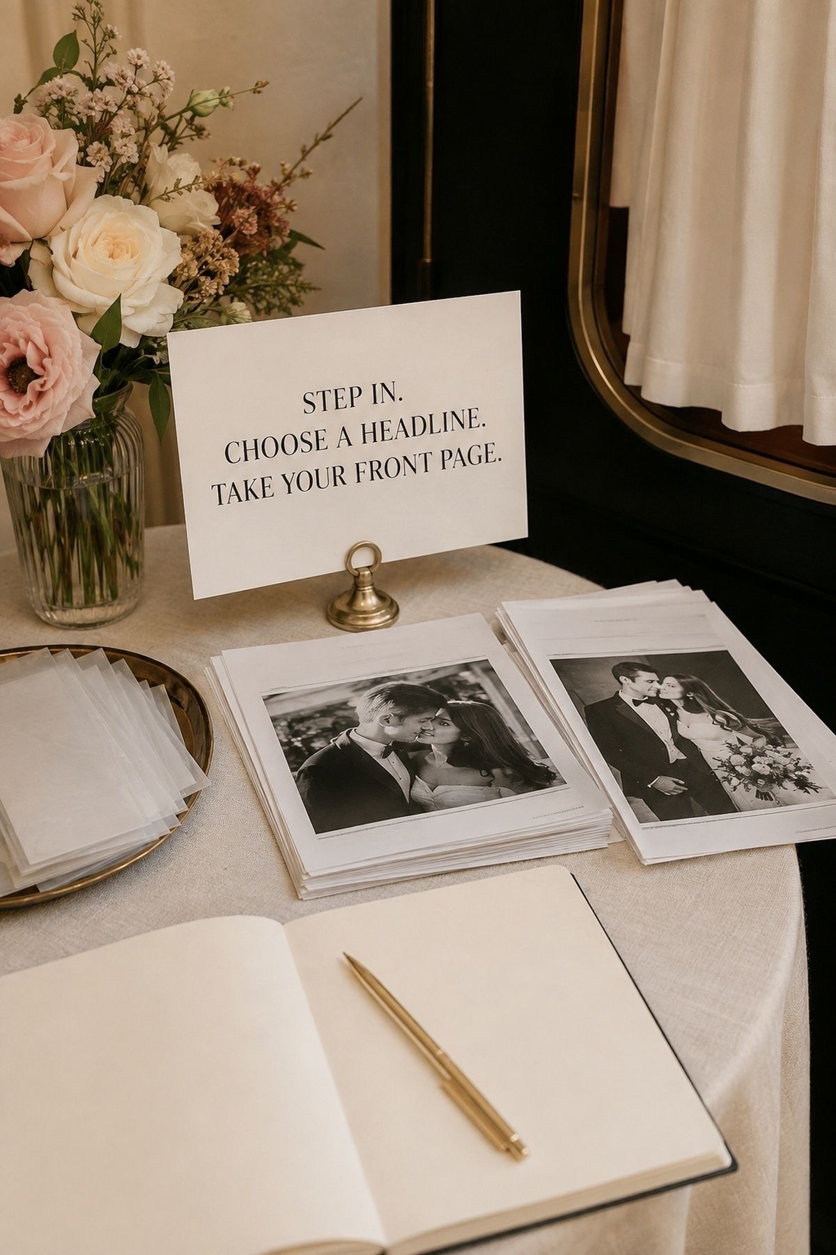 Simple wedding newspaper photobooth sign explaining step in, choose a headline, and take your front page