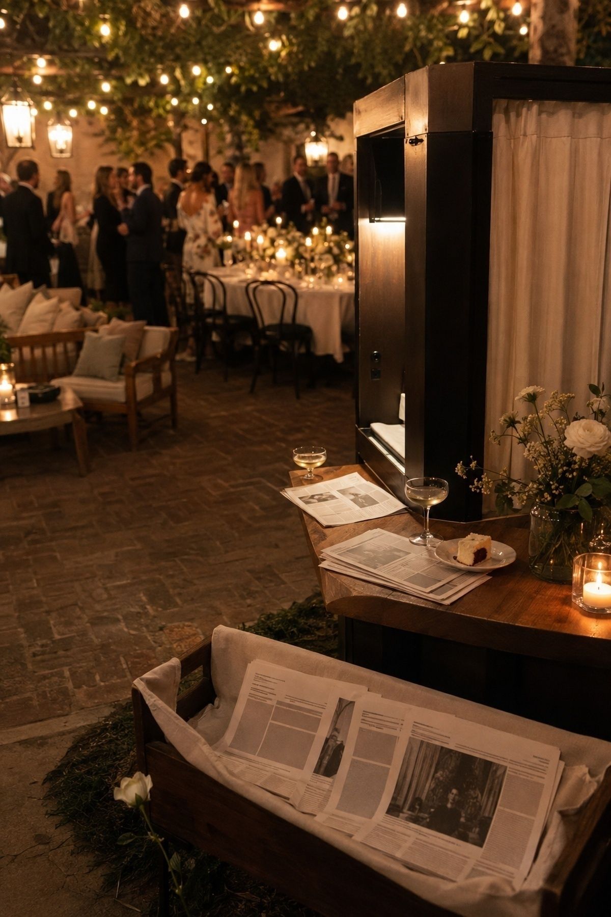 Wedding newspaper photobooth open during a warm reception pause with finished pages, coupes, cake plates, and distant guests
