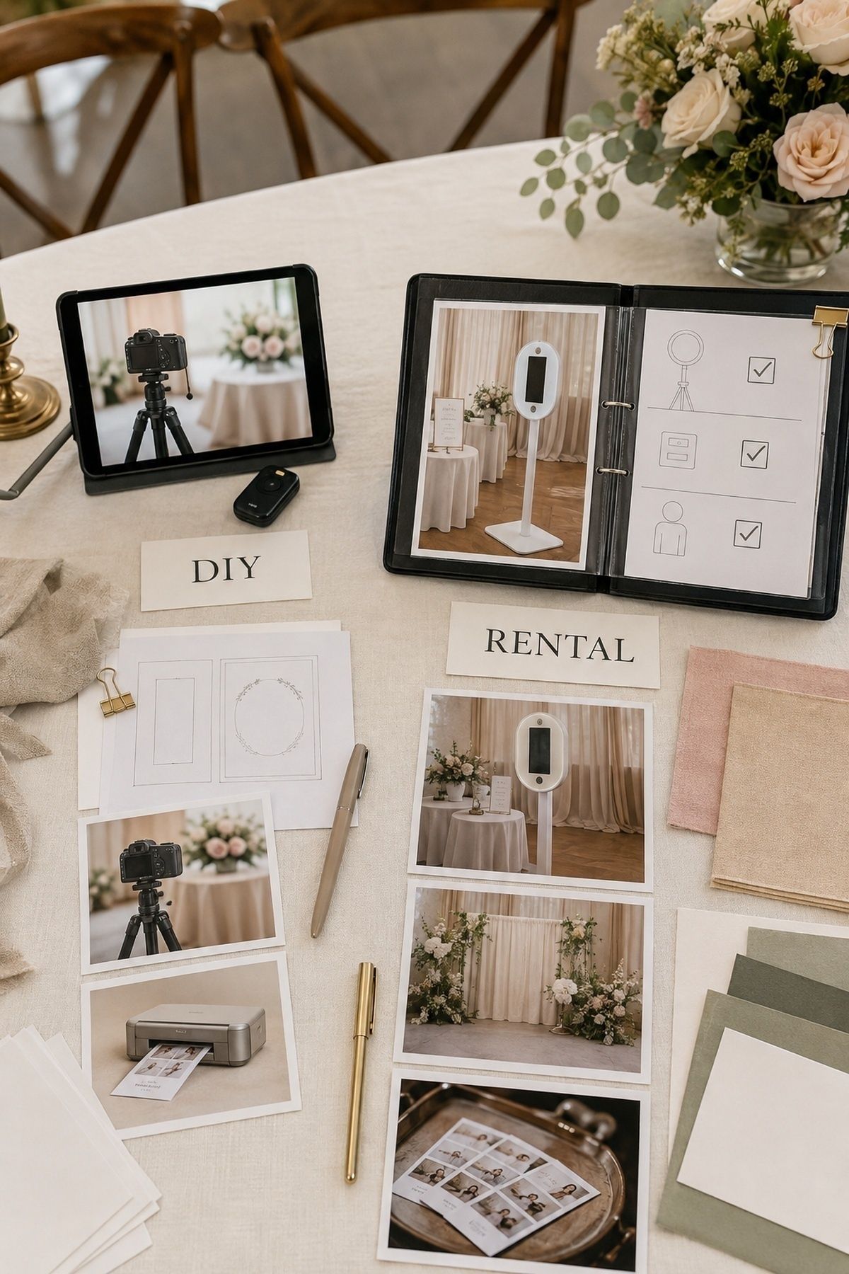 Wedding newspaper photobooth DIY and rental comparison table with tablet camera, sample printer, rental booth photos, and flowers
