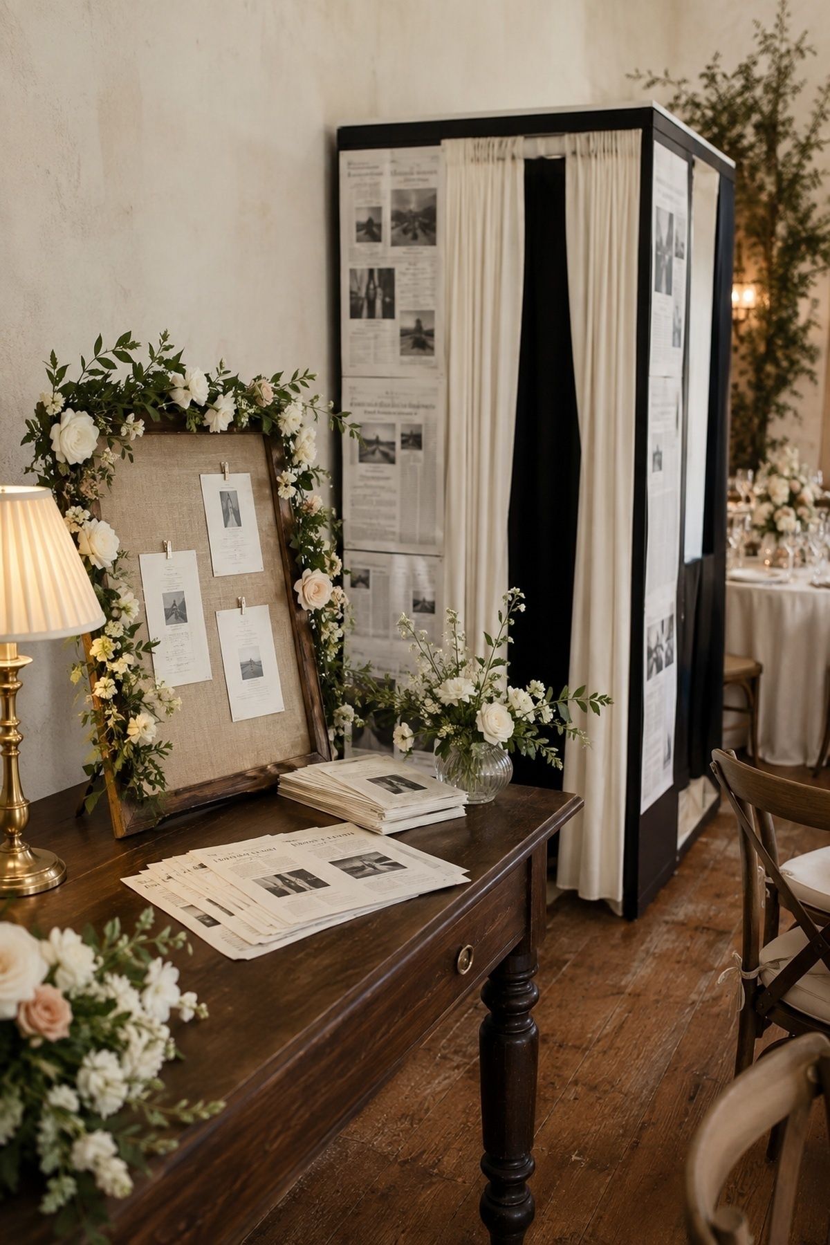 Newspaper photobooth styled to match a small wedding room with wood table, brass lamp, linen pinboard, flowers, and reception chairs