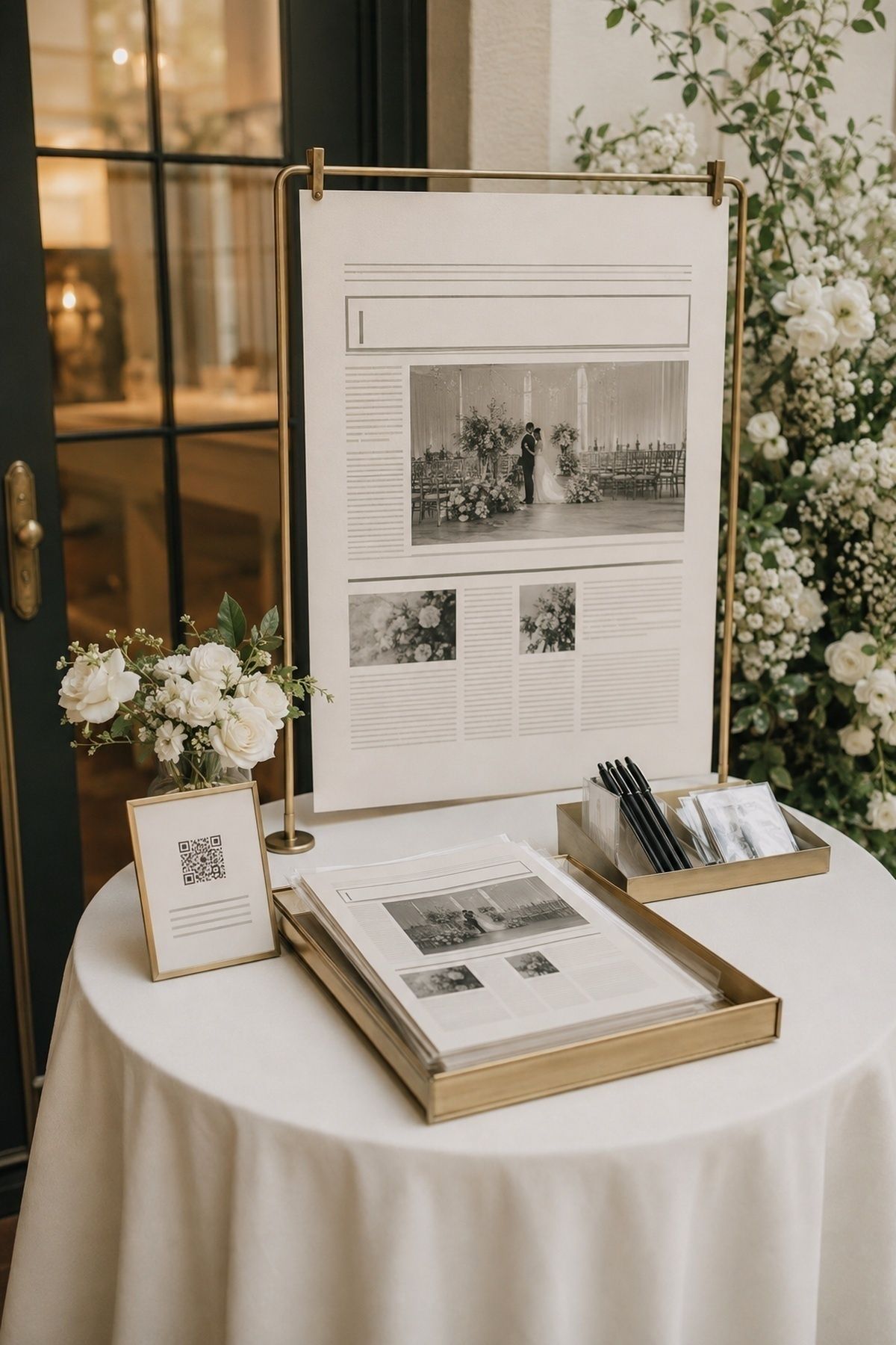 Clean edited wedding newspaper photobooth station with one backdrop, headline area, QR card, print tray, pens, and flowers