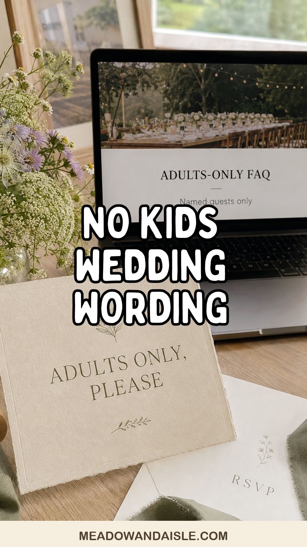 Pinterest pin for no kids wedding wording lines that sound kind