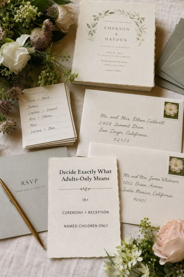 Adults-only wedding wording planning card beside cream invitation suite and adult-addressed envelopes