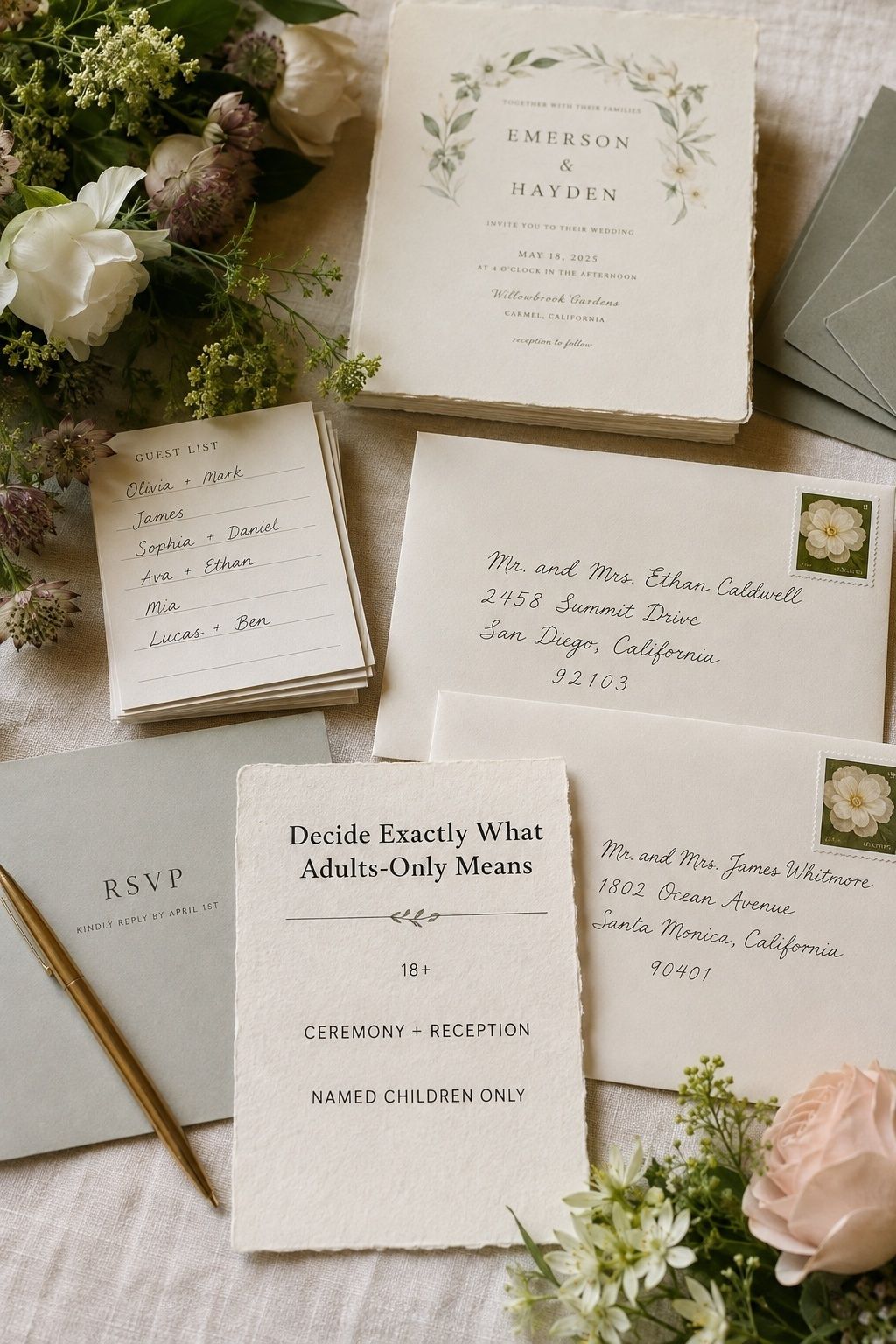 Adults-only wedding wording planning card beside cream invitation suite and adult-addressed envelopes