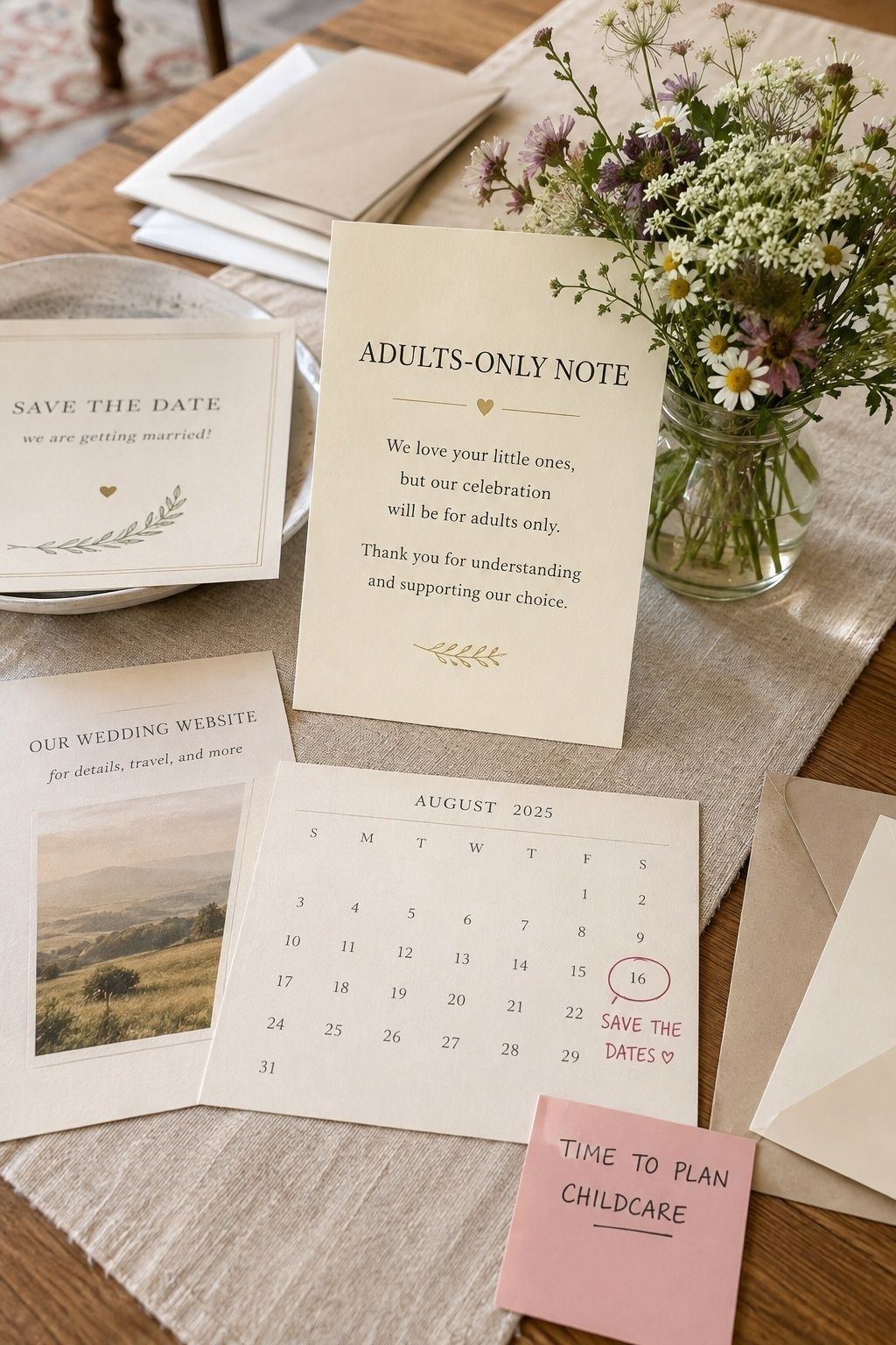 Adults-only wedding note with save-the-date calendar and childcare planning reminder